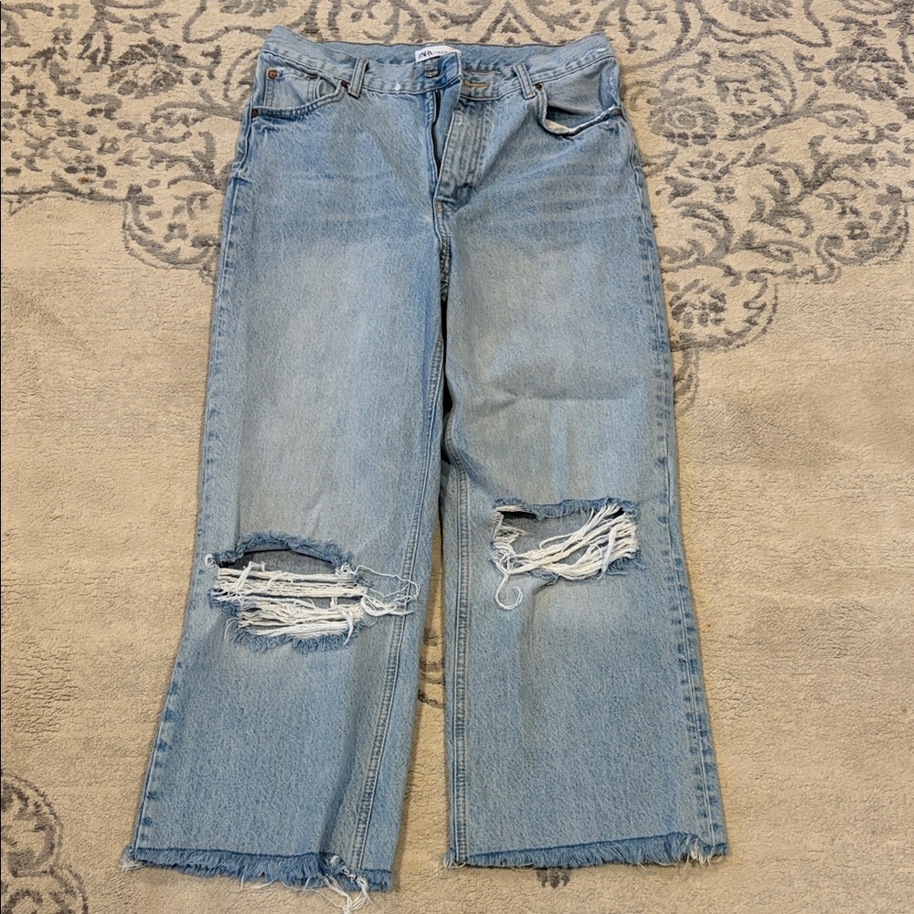 Zara Light Blue Distressed Boyfriend Jeans size 8